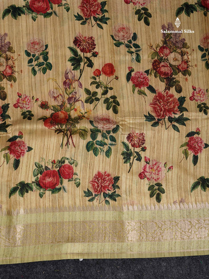 Semi Tussar Saree -  Mehandi Green Floral Design With Fancy Border