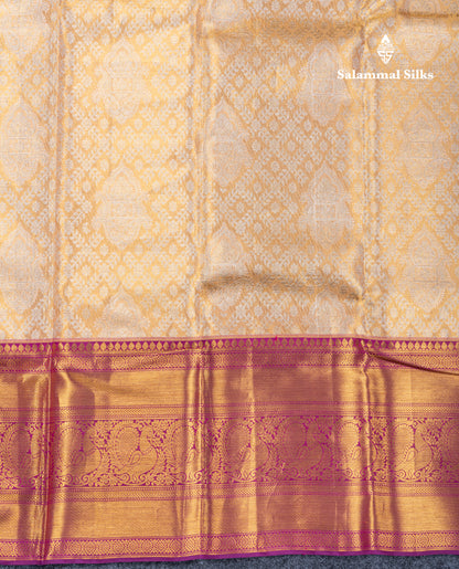 Dark Sandal Tissue Bridal Pure Kanjivaram Silk Saree With Contrast Dark Purple Evening Morning Traditional Border