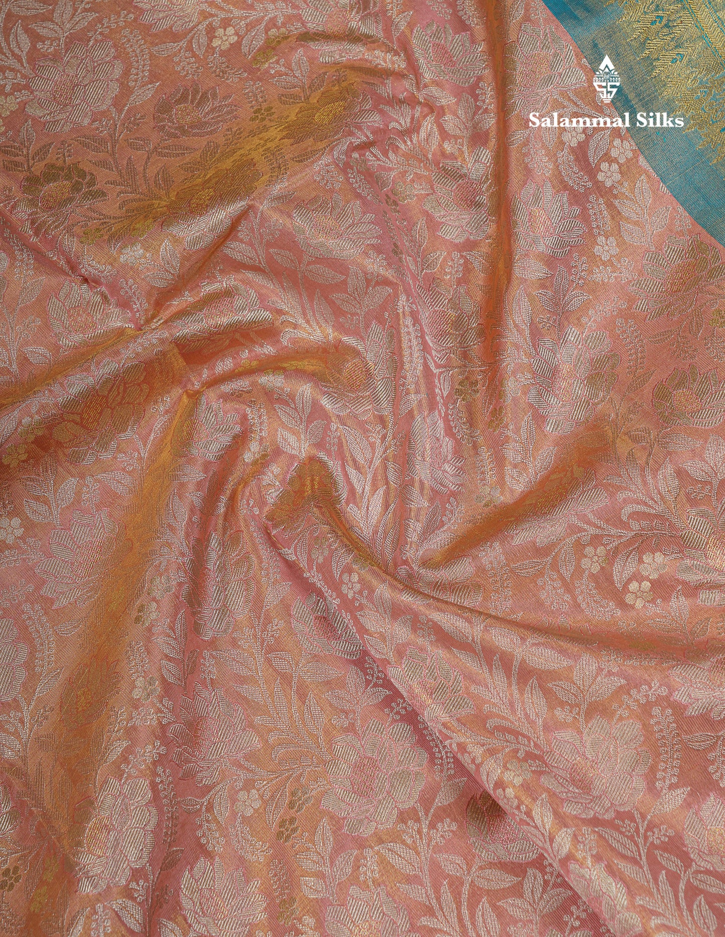 Beautiful Peach Tissue Bridal Pure Kanjivaram Silk Saree With Contrast Blue Traditional Border