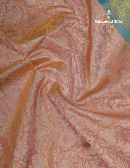 Beautiful Peach Tissue Bridal Pure Kanjivaram Silk Saree With Contrast Blue Traditional Border