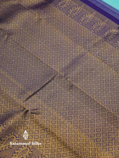 Beautiful Dual Tone Light Blue Peacock & Chakaram Thread Work Butta Pure Kanjivaram Silk Saree With Contrast Navy Blue Traditional Border