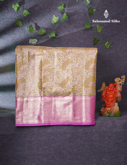 Semi Silk Pattu Pavadai Tissue (Olive Mustard Yellow) With Pink Blouse 36"