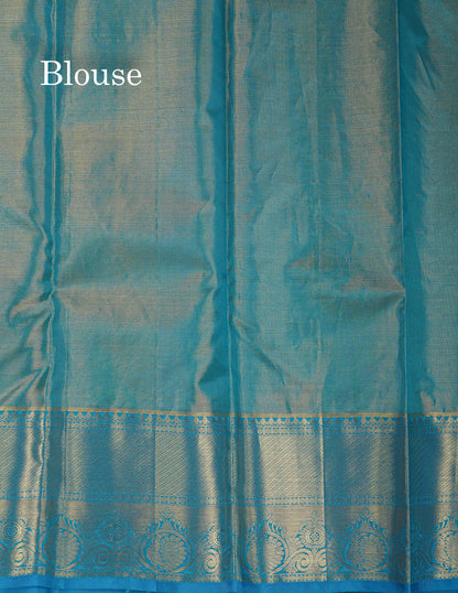 Beautiful Peach Tissue Bridal Pure Kanjivaram Silk Saree With Contrast Blue Traditional Border