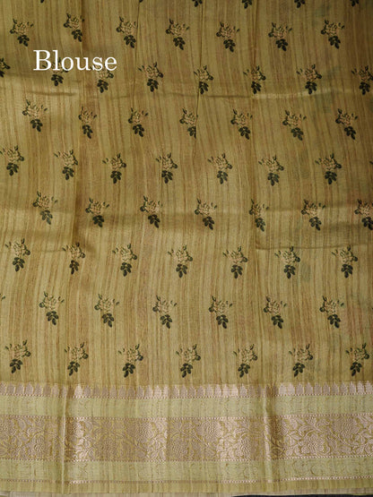 Semi Tussar Saree -  Mehandi Green Floral Design With Fancy Border