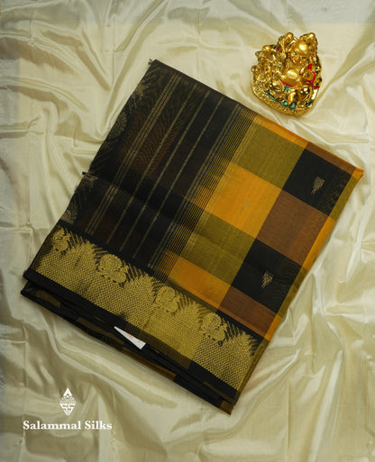 Paalum Pazham Checks Pure Silk Cotton Saree With Contrast Black Traditional Border