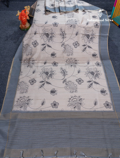 Cream Sandal Semi Tussar Fancy Saree With Contrast Light Violet Fancy Border
