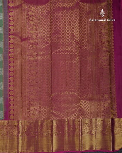 Beautiful Dual Tone Olive Green Pure Kanjivaram Silk Saree With Contrast Magenta Traditional Evening Morning Border