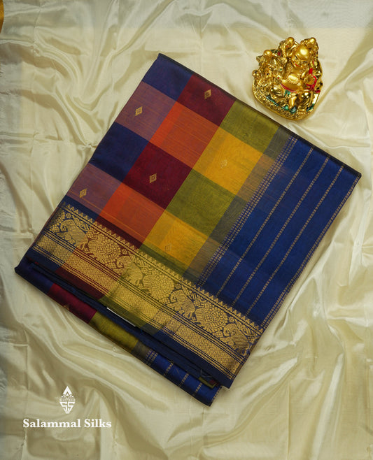 Multicolour Paalum Pazham Checks Pure Silk Cotton Saree With Traditional Gold Zari Border