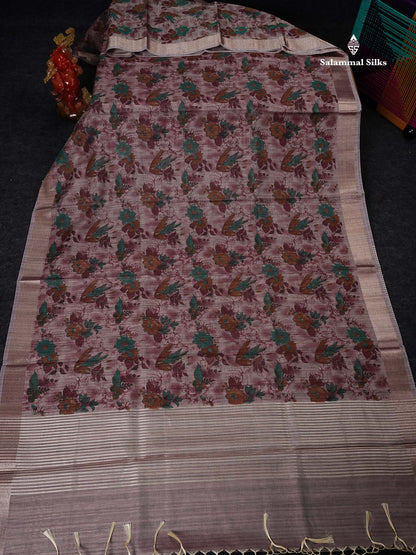 Cotton Mix Saree -  Light Maroon Floral Design Along With Contrast Cream White Blouse