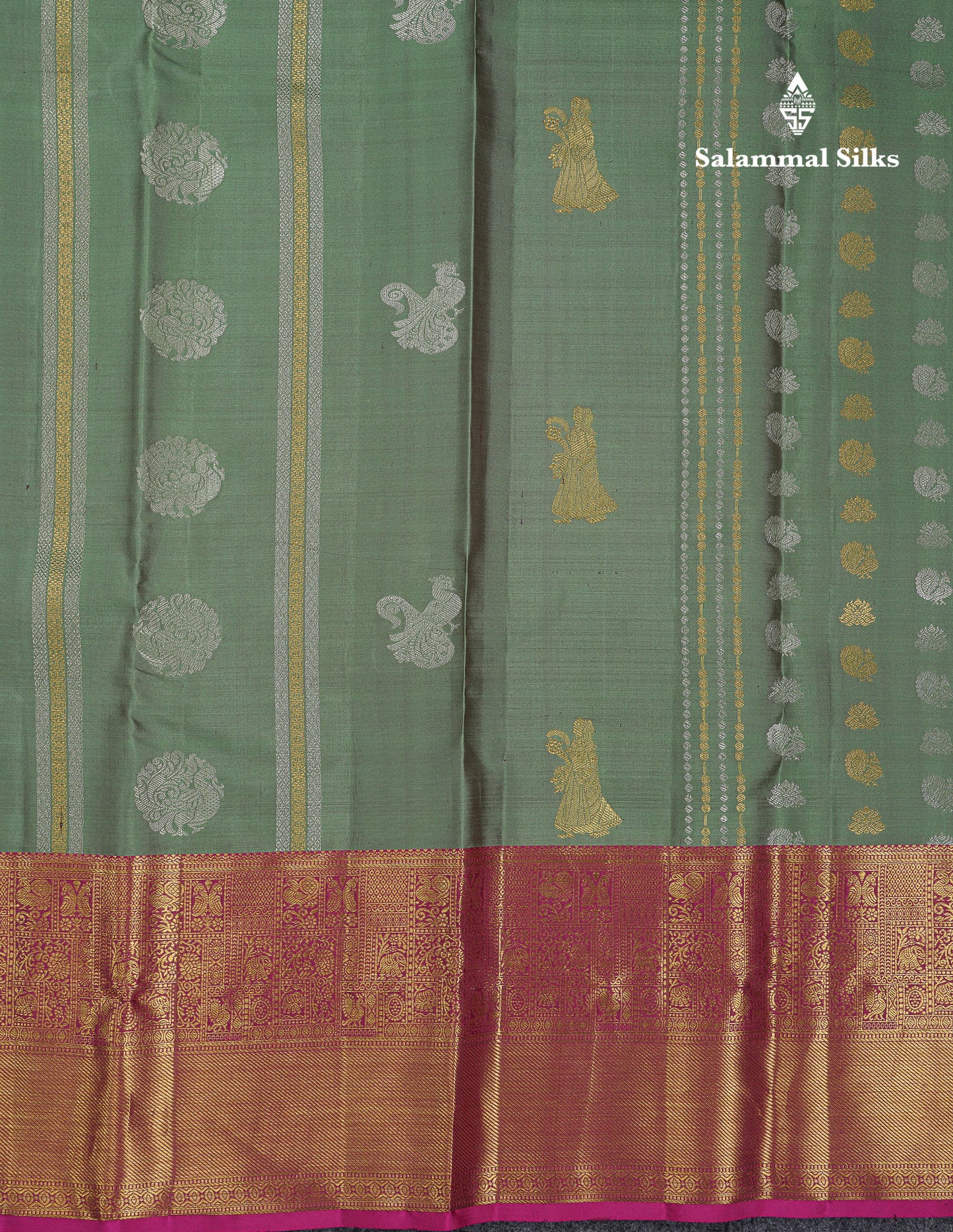 Beautiful Dual Tone Olive Green Pure Kanjivaram Silk Saree With Contrast Magenta Traditional Evening Morning Border