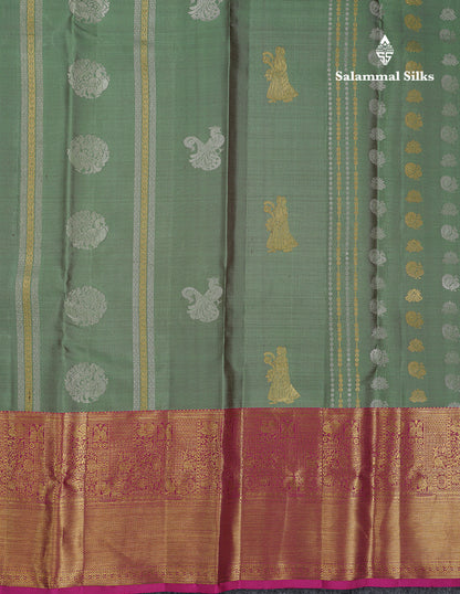 Beautiful Dual Tone Olive Green Pure Kanjivaram Silk Saree With Contrast Magenta Traditional Evening Morning Border