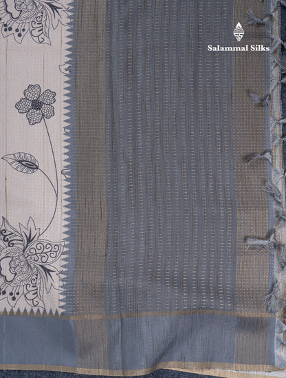 Cream Sandal Semi Tussar Fancy Saree With Contrast Light Violet Fancy Border