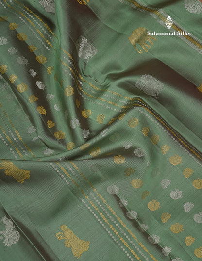 Beautiful Dual Tone Olive Green Pure Kanjivaram Silk Saree With Contrast Magenta Traditional Evening Morning Border