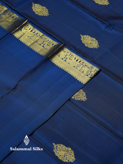 Beautiful Dual Tone Navy Blue Pure Kanjivaram Silk Saree With Traditional Evening Morning Border