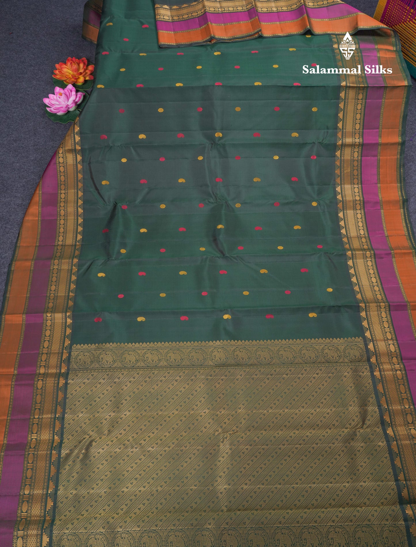Bottle Green Thread Work Beautiful Pure Kanjivaram Silk Saree With Thread Work Double Border