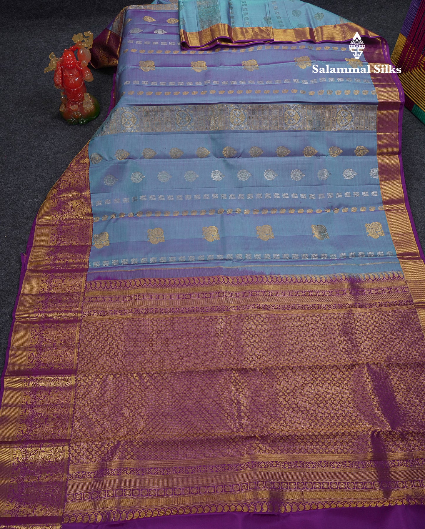 Beautiful Dual Tone Peacock Blue Pure Kanjivaram Silk Saree With Contrast Dark Purple Traditional Evening Morning Border