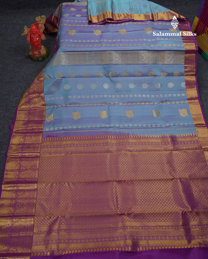 Beautiful Dual Tone Peacock Blue Pure Kanjivaram Silk Saree With Contrast Dark Purple Traditional Evening Morning Border