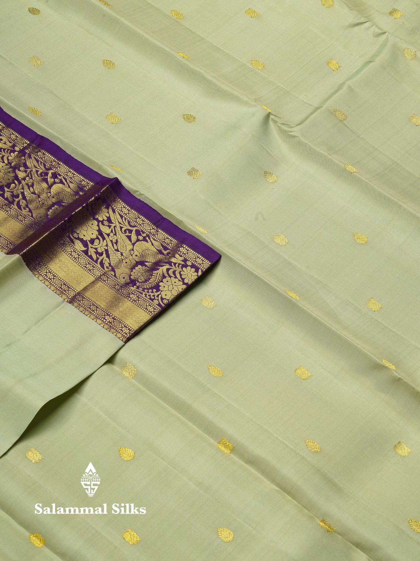 Beautiful Light Parrot Green Pure Kanjivaram Silk Saree With Contrast Dark Purple Traditional Border