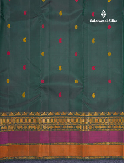 Bottle Green Thread Work Beautiful Pure Kanjivaram Silk Saree With Thread Work Double Border