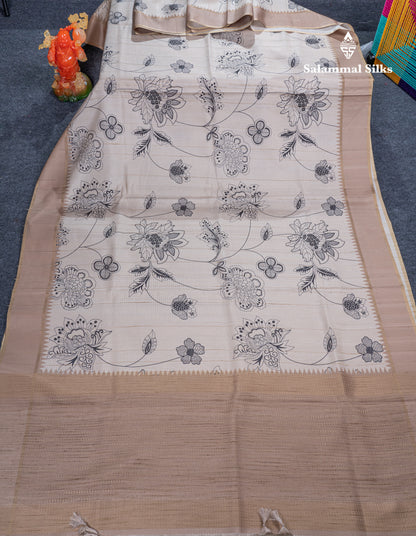 Cream Sandal Semi Tussar Fancy Saree With Contrast Light Violet Fancy Border