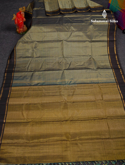 Beautiful Ramar Blue With Zari Lines Pure Kanjivaram Silk Saree With Contrast Black Traditional Gap Border