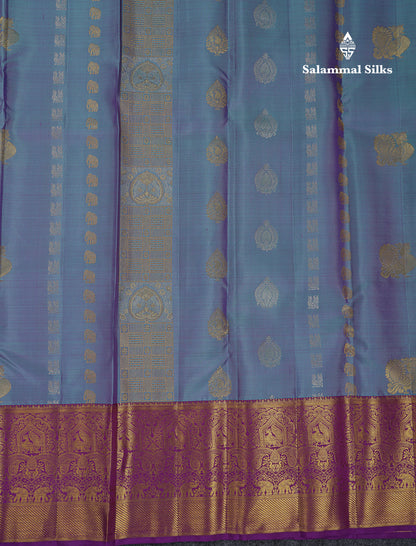 Beautiful Dual Tone Peacock Blue Pure Kanjivaram Silk Saree With Contrast Dark Purple Traditional Evening Morning Border
