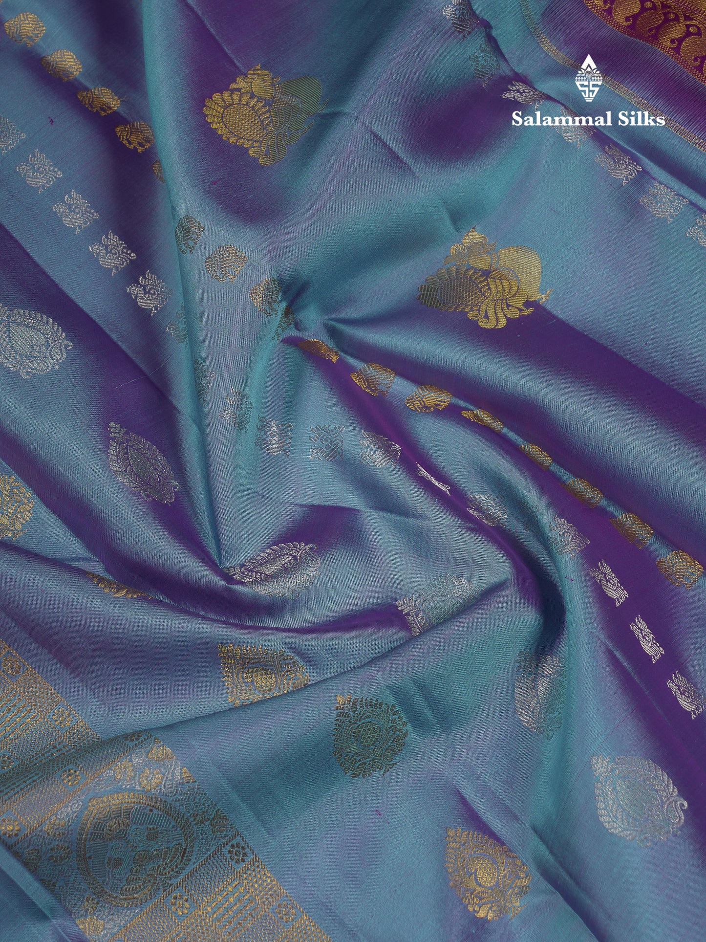 Beautiful Dual Tone Peacock Blue Pure Kanjivaram Silk Saree With Contrast Dark Purple Traditional Evening Morning Border