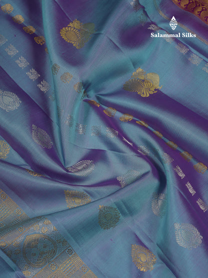 Beautiful Dual Tone Peacock Blue Pure Kanjivaram Silk Saree With Contrast Dark Purple Traditional Evening Morning Border
