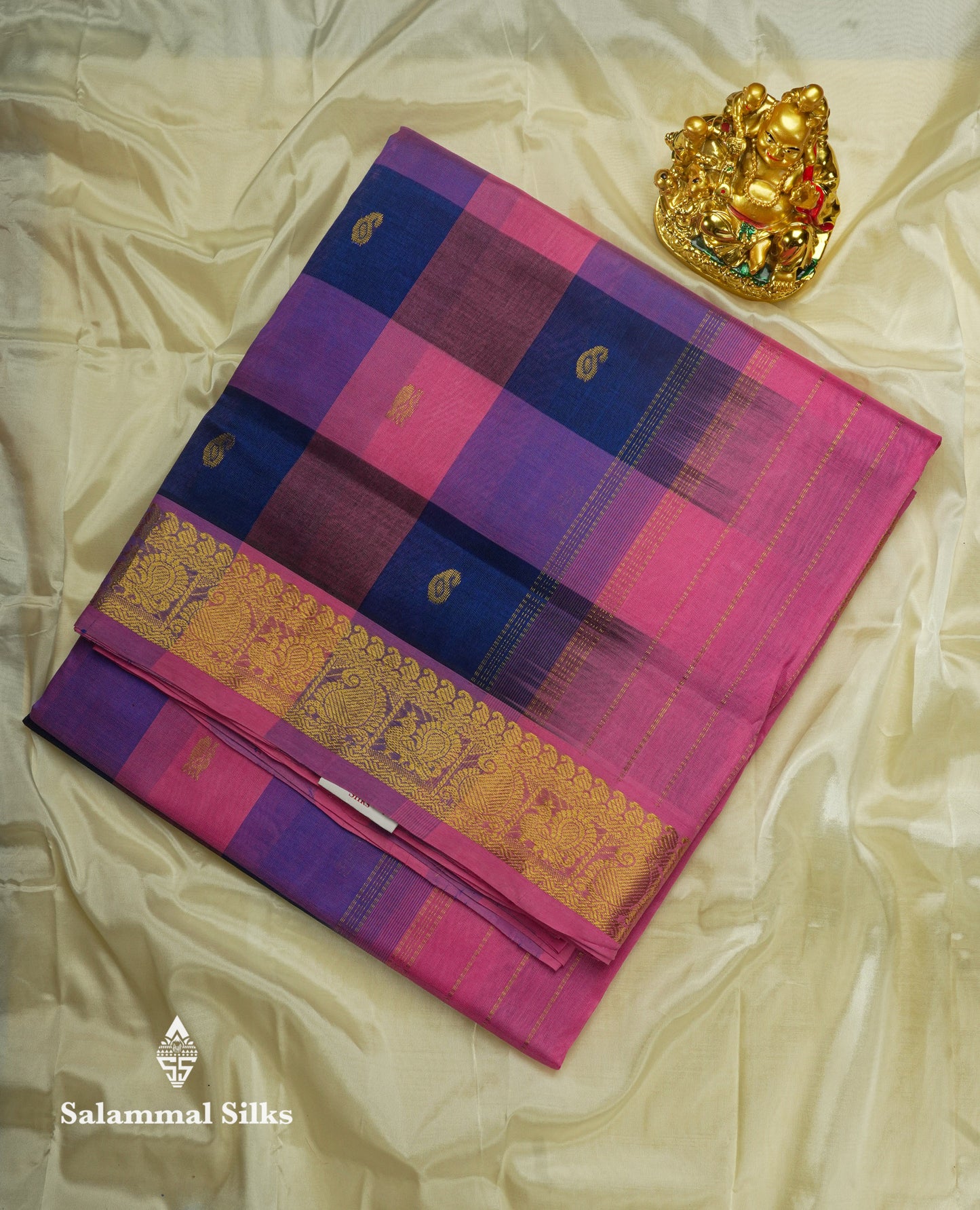 Paalum Pazham Checks Pure Silk Cotton Saree With Contrast Pink Traditional Border