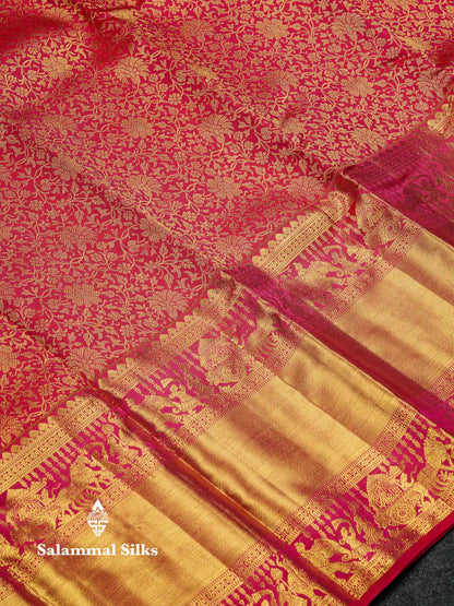 Beautiful Dual Tone Pink Bridal Pure Kanjivaram Silk Saree With Traditional Long Pallaku Border