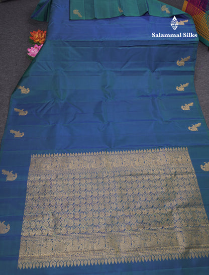 Peacock Blue Beautiful Pure Kanjivaram Silk Saree With Grand Pallu