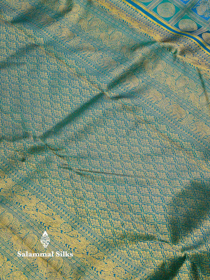 Beautiful Dual Tone Peacock Blue Bridal Pure Kanjivaram Silk Saree With Traditional Border