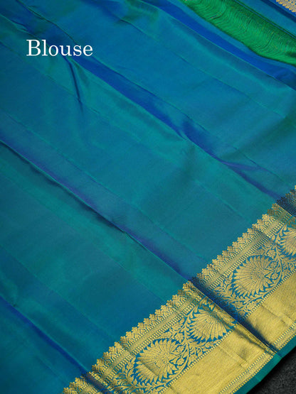 Beautiful Dual Tone Peacock Blue Bridal Pure Kanjivaram Silk Saree With Traditional Border