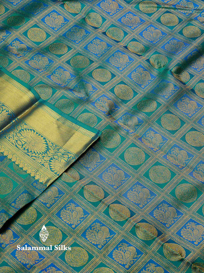 Beautiful Dual Tone Peacock Blue Bridal Pure Kanjivaram Silk Saree With Traditional Border