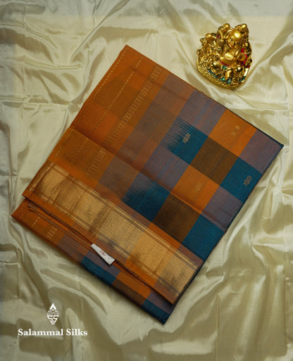 Beautiful Multicolour Paalum Pazham Checks Pure Silk Cotton Saree With Contrast Mustard Yellow Border