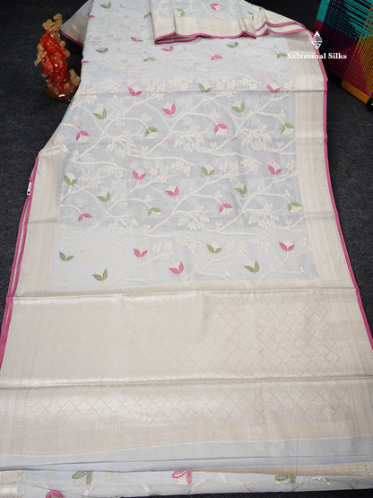 Cotton Mix Saree - Blueish Grey Meenakari Work Along With Fancy Border