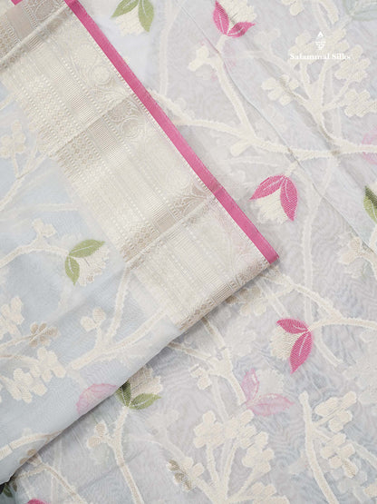 Cotton Mix Saree - Blueish Grey Meenakari Work Along With Fancy Border