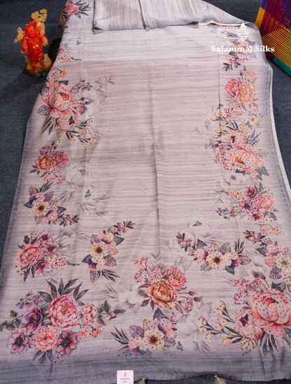Light Grey Tussar Fancy Saree With Contrast Grey Blouse