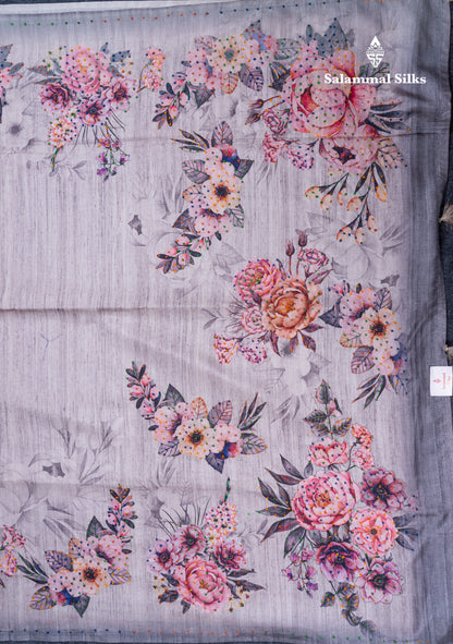 Light Grey Tussar Fancy Saree With Contrast Grey Blouse