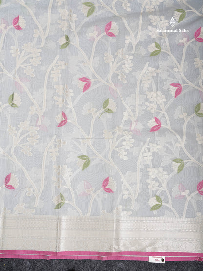Cotton Mix Saree - Blueish Grey Meenakari Work Along With Fancy Border