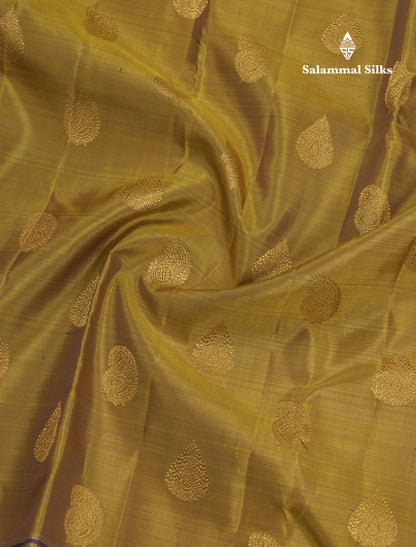Mehandi Green Pure Kanjivaram Silk Saree With Violet Border