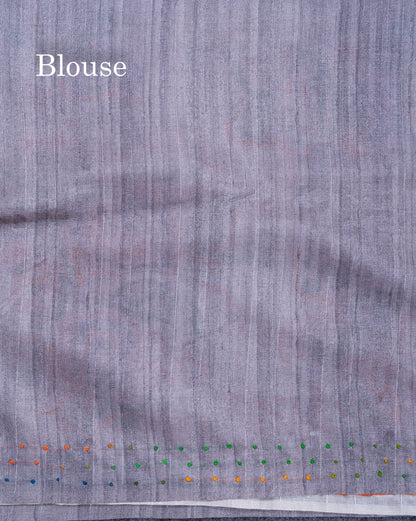 Light Grey Tussar Fancy Saree With Contrast Grey Blouse