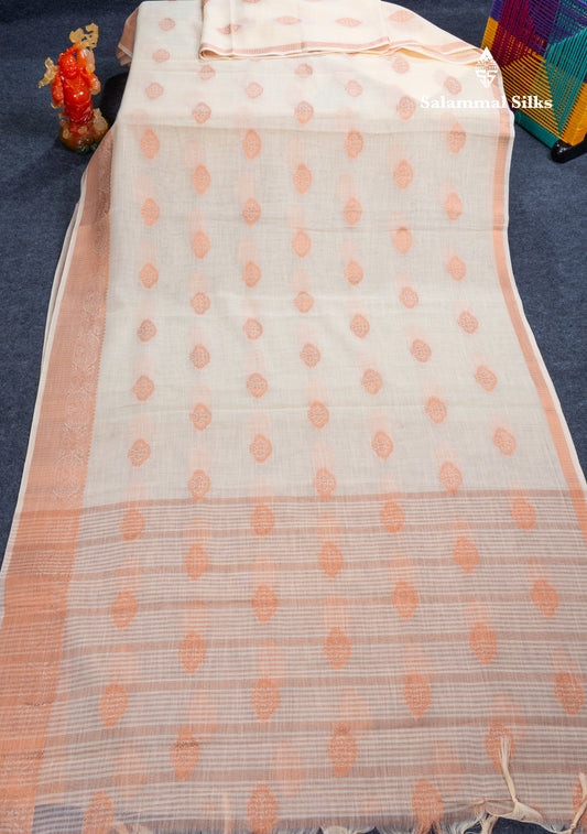 Half White Linen Cotton Mix Fancy Saree With Contrast Sandal Blouse