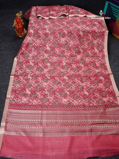 Cotton Mix Saree - Dual Tone Pink Printed Along With Small Ribbon Border