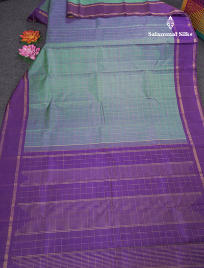 Dual Tone Blue Zari Checks Pure Kanjivaram Silk Saree With Violet Traditional Double Border