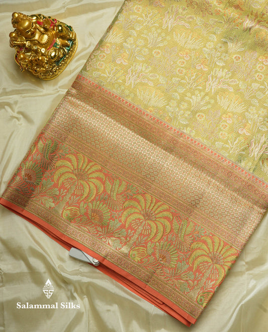 Green Colour Pure Kanjivaram Tissue Silk Saree with Contrast Peach Border
