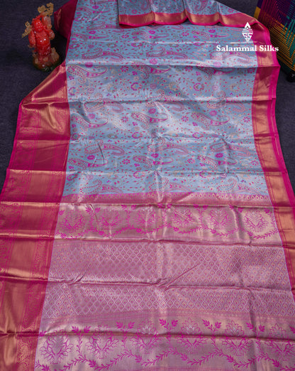 Beautiful Light Blue Tissue Semi Silk Saree With Contrast Pink Traditional Evening Morning Border