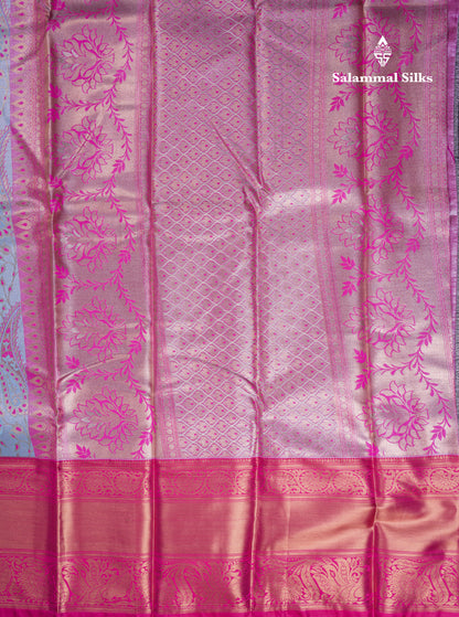 Beautiful Light Blue Tissue Semi Silk Saree With Contrast Pink Traditional Evening Morning Border