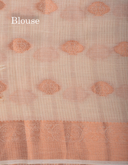 Half White Linen Cotton Mix Fancy Saree With Contrast Sandal Blouse