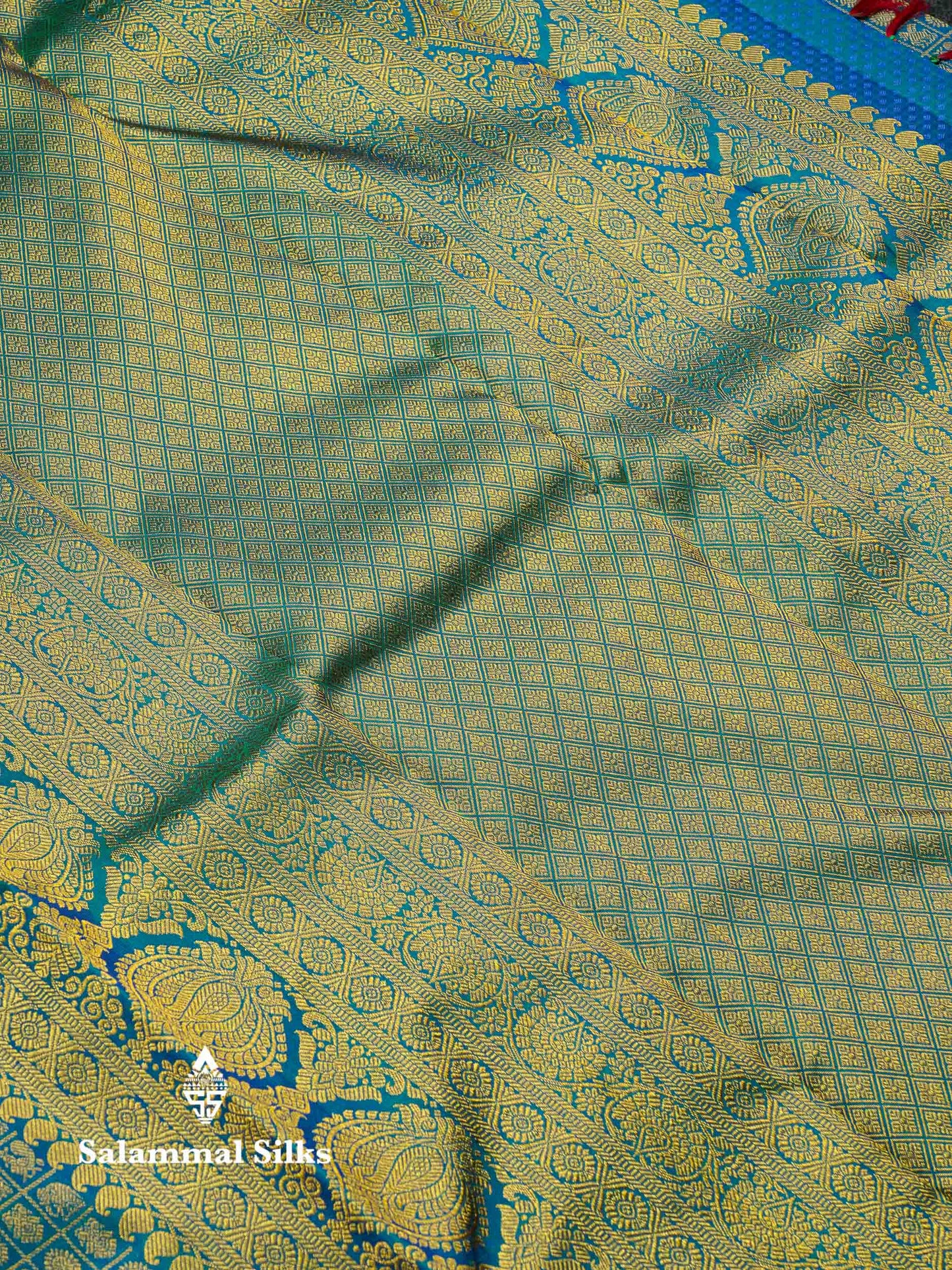 Beautiful Zari Checks With Traditional Butta Dual Tone Peacock Green Bridal Pure Kanjivaram Silk Saree With Blouse